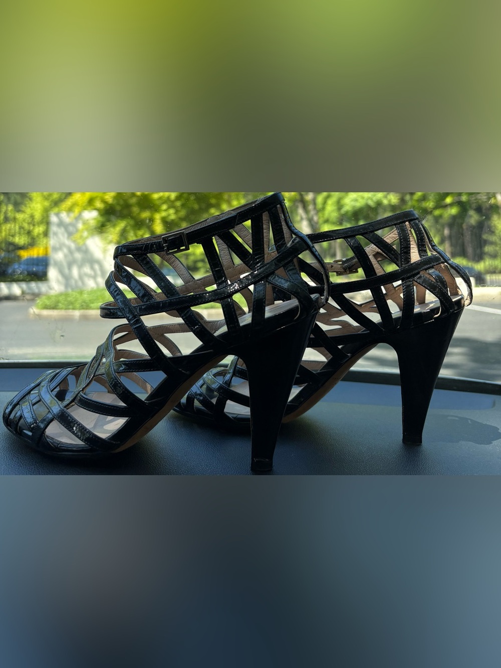 Loeffler Randall Italian Black Patent Leather Strappy 4” Heel Caged Sandal 8.5
